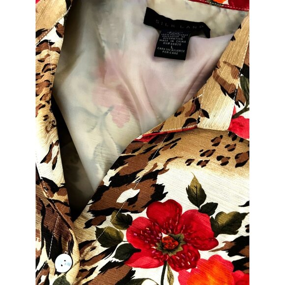 Vintage Silk Land Beaded Floral Button Down Sil Shirt Sz L Cheetah Print & Flora - Picture 4 of 11